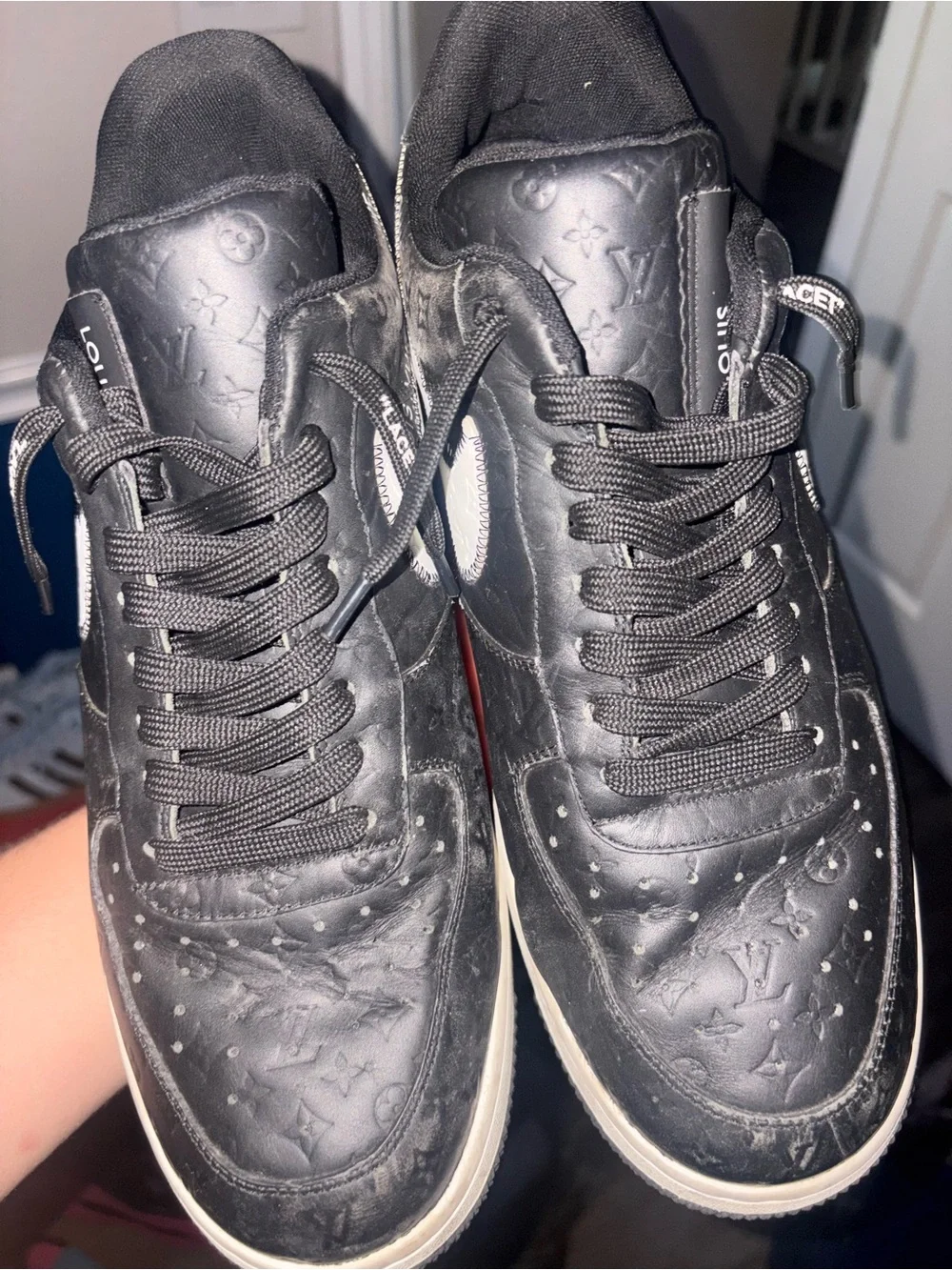 Off-White Black Leather Sneakers with White Swoosh and Green Tab